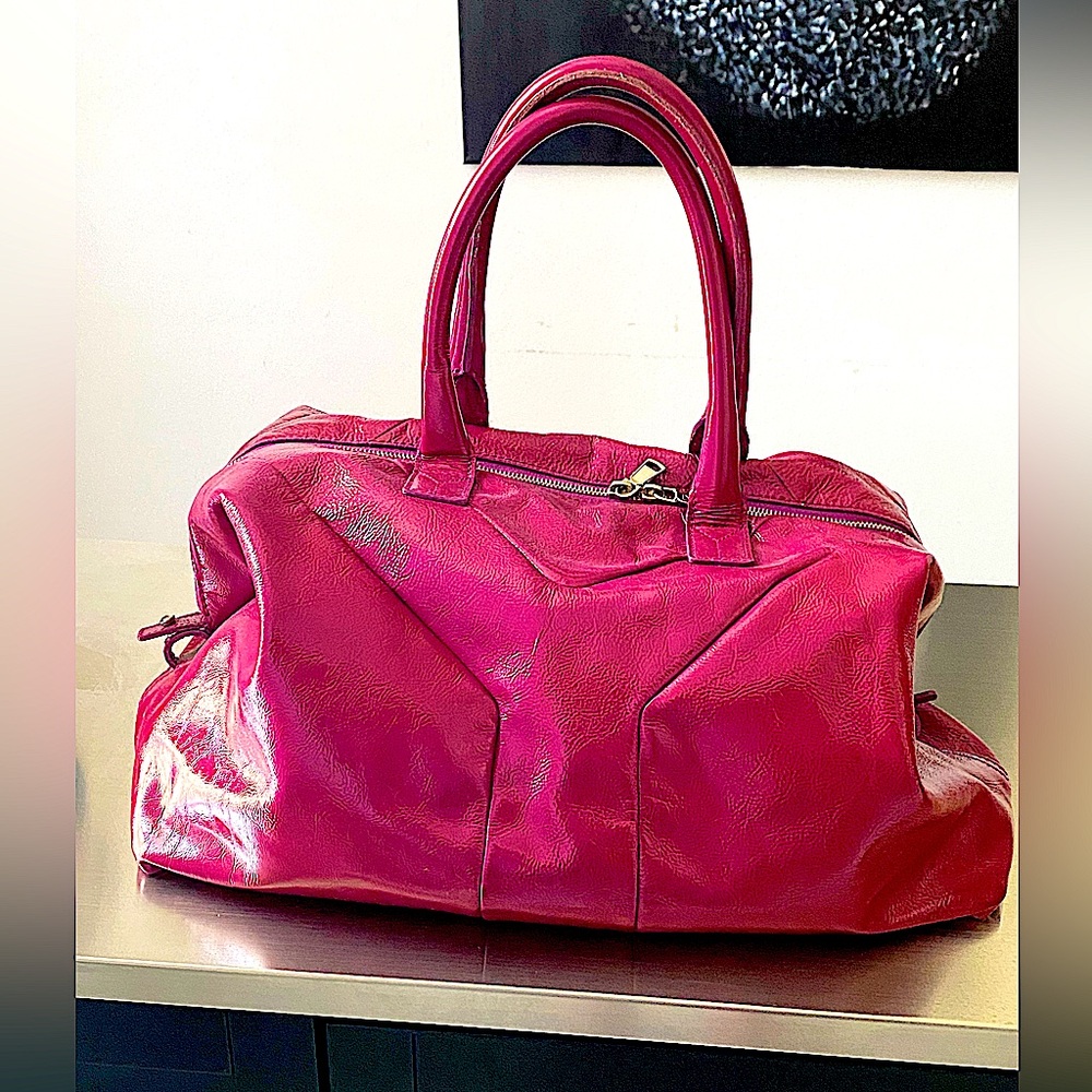 YVES SAINT LAURENT VINTAGE SATCHEL BAG FUCHIA COLOR PATENT BAG, MADE IN ITALY